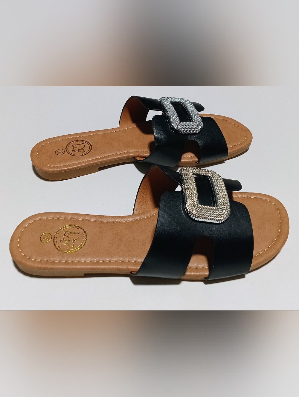 Women's Black H-Strap Slide Sandals with Sparkling Rhinestone Buckle - Size 6.5